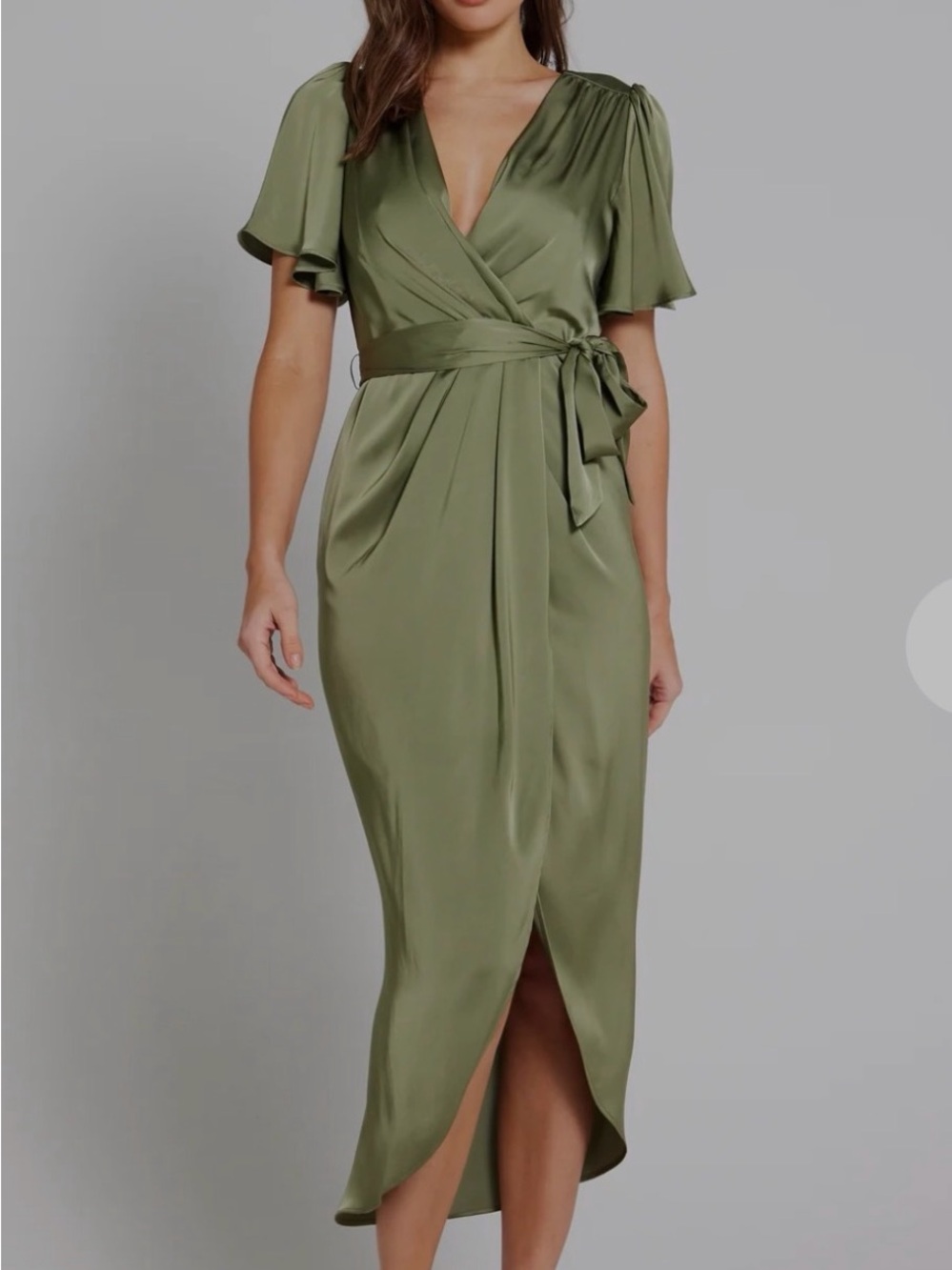 NWT Liena Olive Green Satin Midi Wrap Dress Size 10